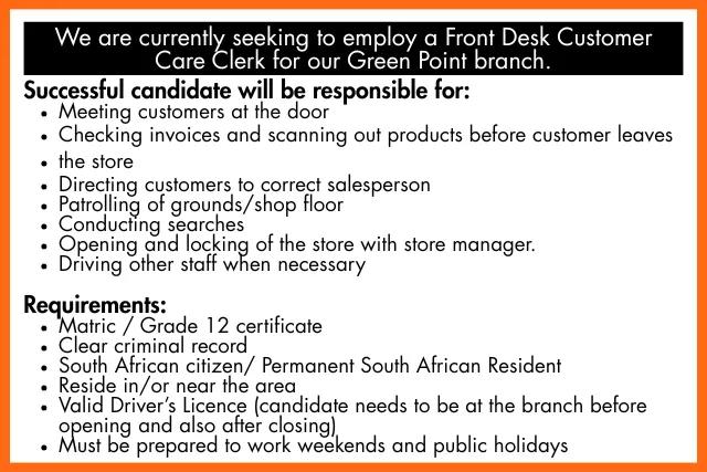Front Desk Customer Care Clerk