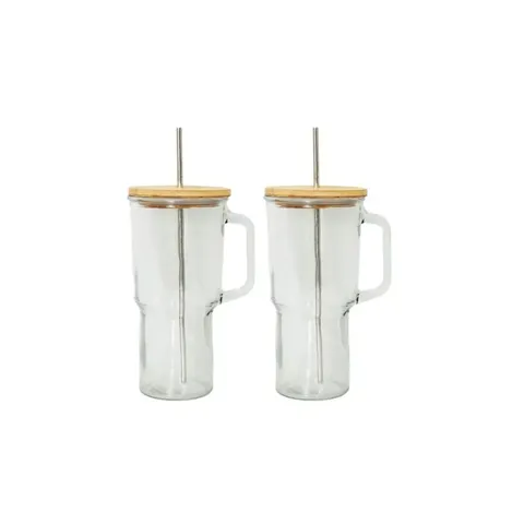 Funkilines Aqua Glass With Bamboo Lid And Straw Set