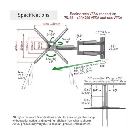 Barkan 13- 65 Full Motion Extra Long TV Wall Bracket BM343XLOD Dimensions