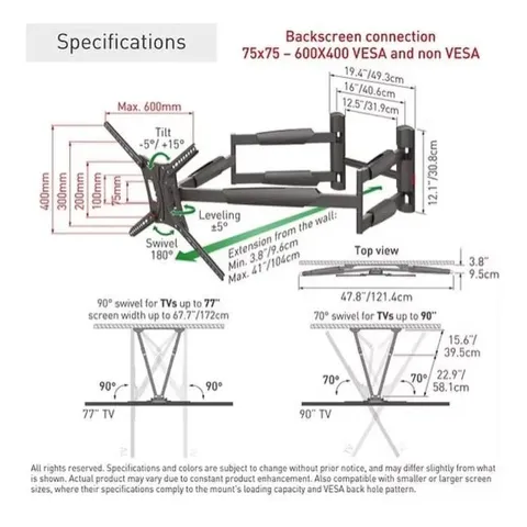 Barkan 13-90 Full Motion Extra Long TV Wall Bracket BM466XP Specifications