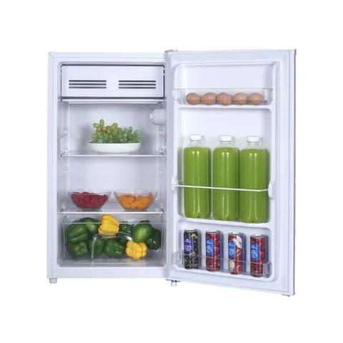 Defy 90L White Bar Fridge DBF90W open with food inside