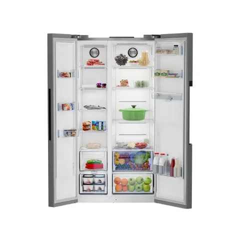 Defy 555L Naturelight Dark Inox Side By Side Fridge DFF647 Open Filled