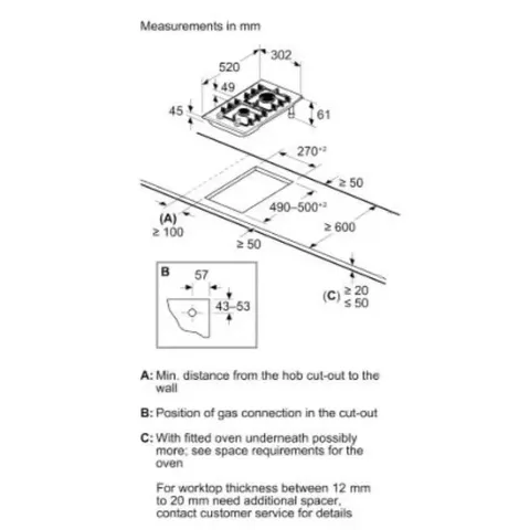 Siemens 30cm Gas Hob ER3A6BI40L Measurements