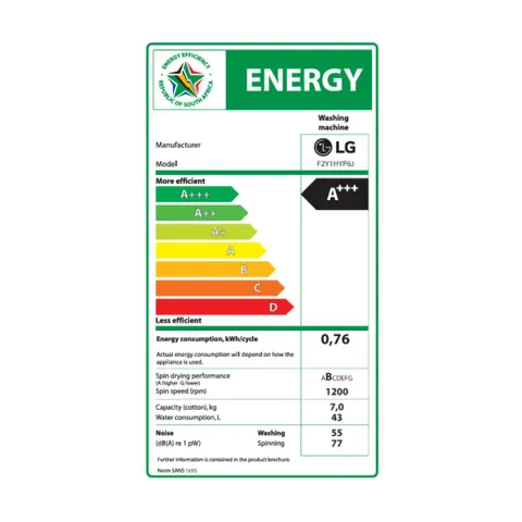 LG 7kg Front Load Washing Machine F2Y1HYP6J energy