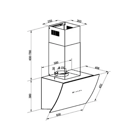 Falco 60cm Curved Motorised Extractor FAL-60-S03E Dimensions
