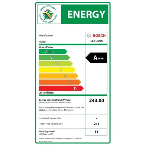 Bosch 211L Built-In Upright Freezer GIN81AEF0U energy label
