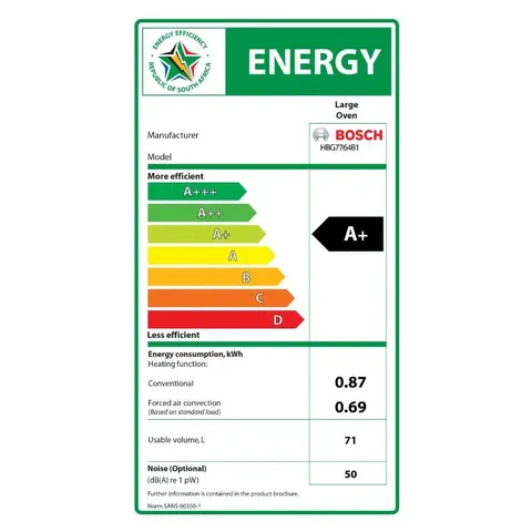Bosch 60cm Home Connect Series 8 Oven HBG7764B1 energy label