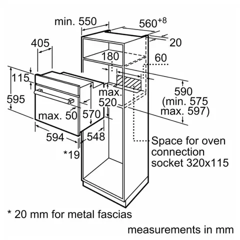 Bosch 60cm Home Connect Series 6 Oven HBJ559EB6Z Dimensions Eye Level