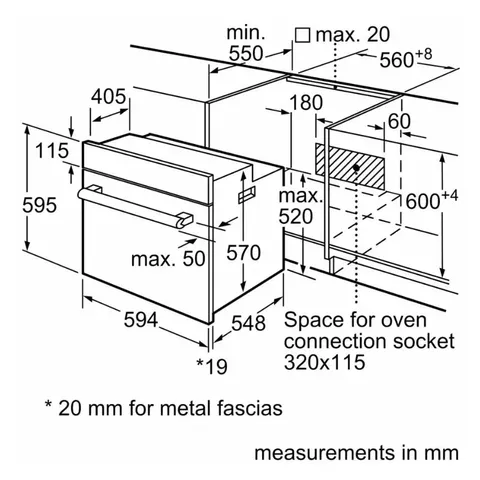 Bosch 60cm Home Connect Series 6 Oven HBJ559EB6Z Dimensions Undercounter
