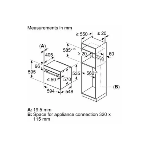 Bosch 60cm Black Stainless Steel Built-In Oven HJG852EG0Z Measurements