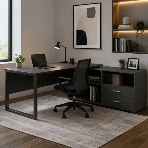 Hii Linden Black Walnut L-Shape Desk OZ3837BLK/WN Example