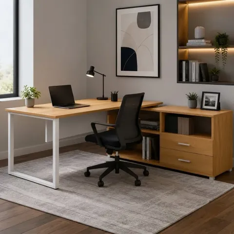 Hii Linden White Oak L-Shape Desk OZ3837WHT/OAK Display
