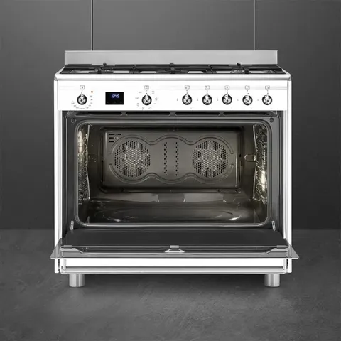 Smeg 90cm Glossy White Gas _ Electric Cooker SSA91MAWH2 Open empty