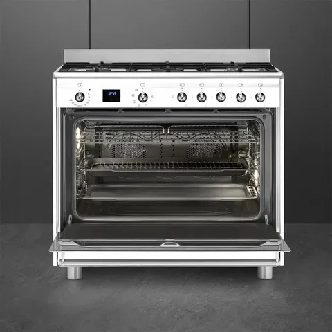 Smeg 90cm Glossy White Gas _ Electric Cooker SSA91MAWH2 Open