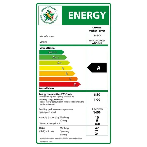 Bosch 10kg6kg Washer Dryer WNA254XSKE Energy label
