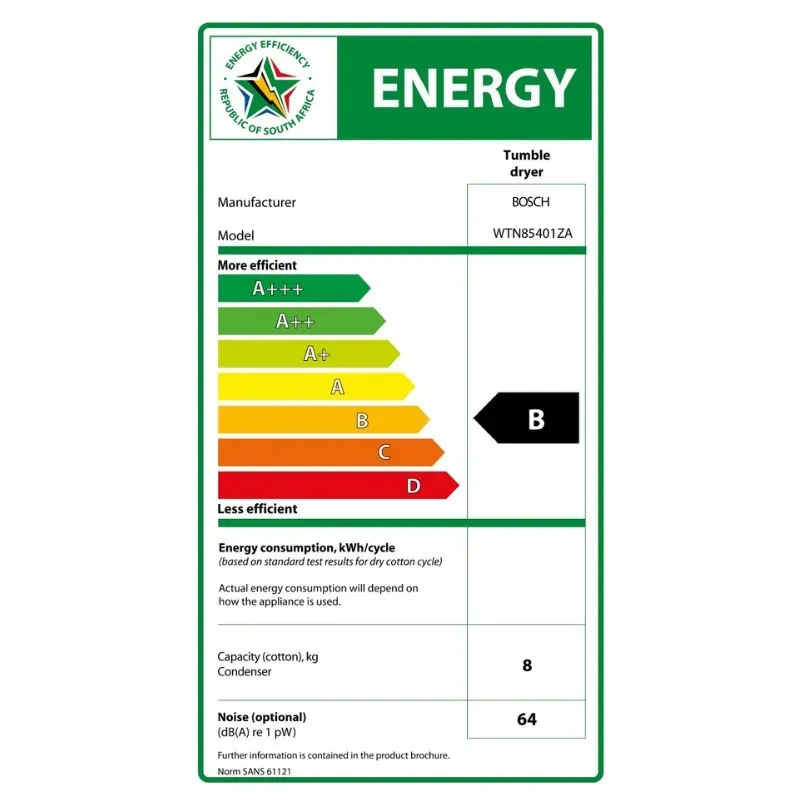 Bosch 8kg Series 4 Condenser Tumble Dryer WTN85401ZA | Tafelberg